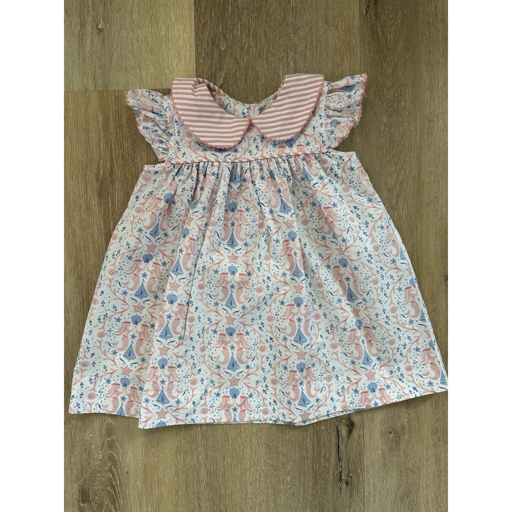 Sage & Lilly Girls 2T Seaside Print Dress Pink Stripe Peter Pan Collar Coastal